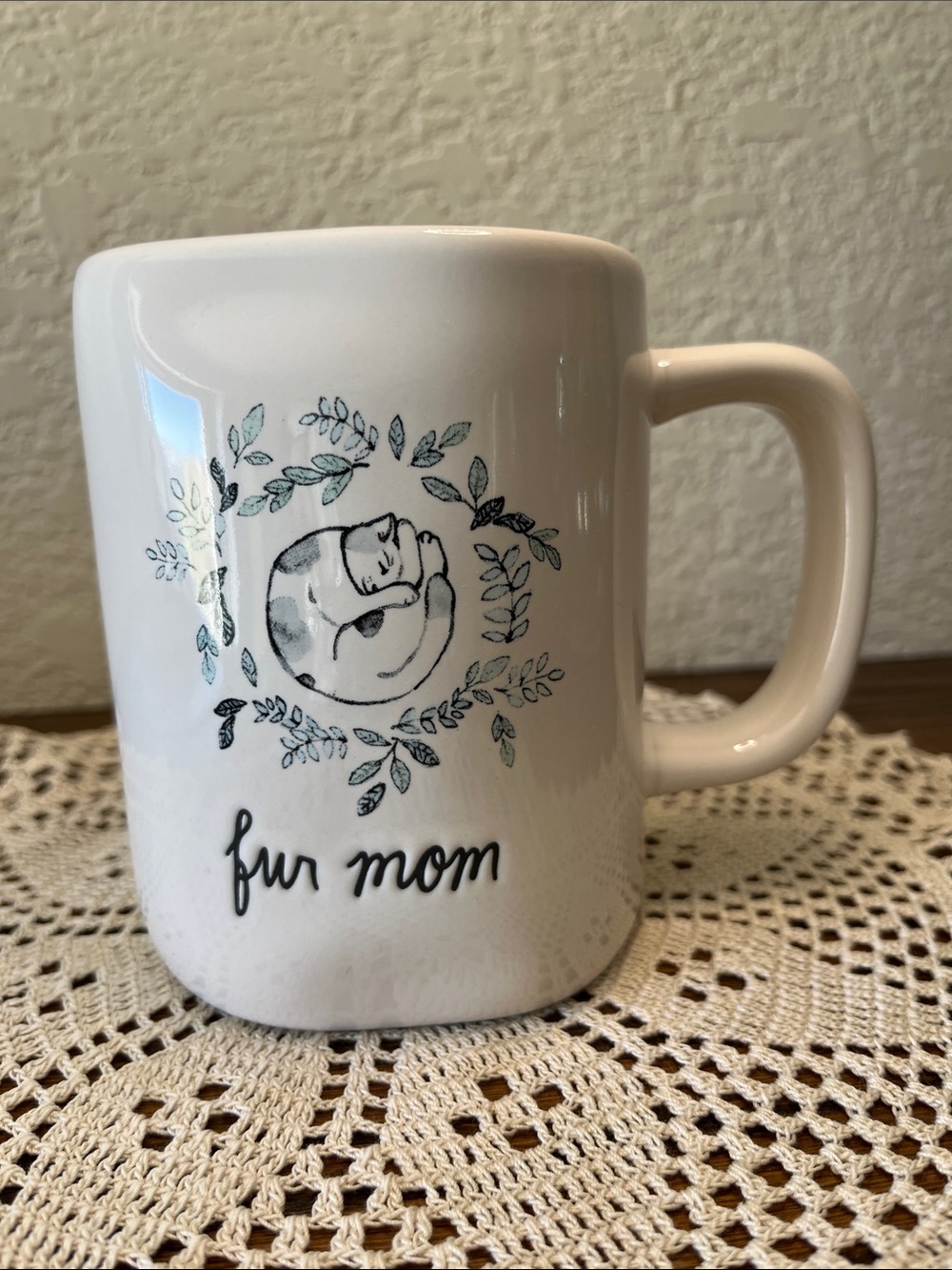 Rae Dunn FUR MOM Mug 🐾 Sleeping Dog & Paw Print White Ceramic
